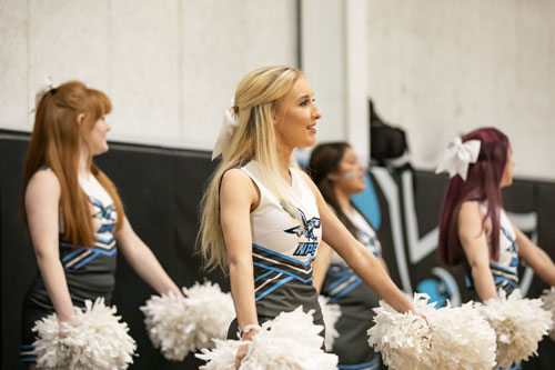 Cheerleaders doing a cheer during a sports game.