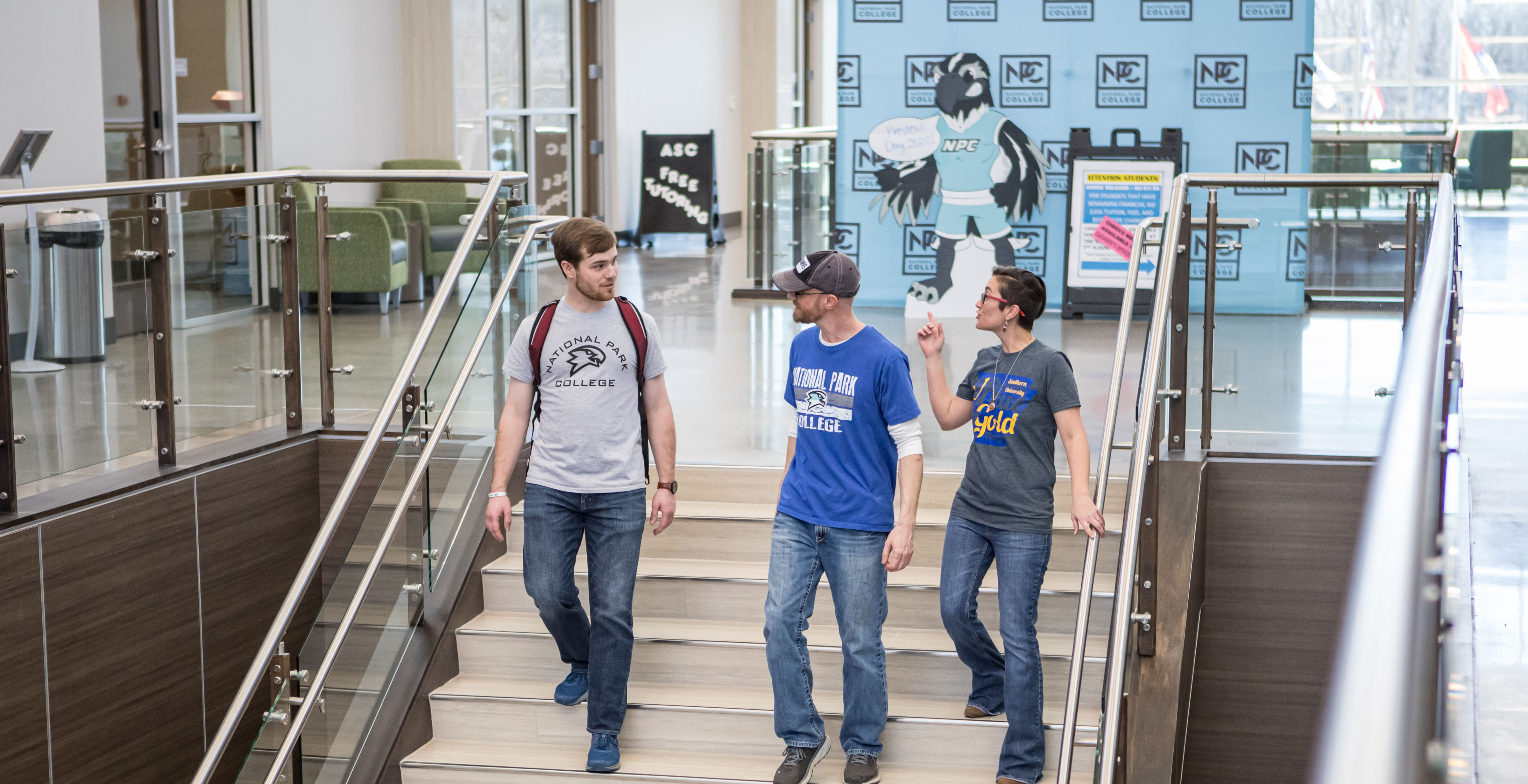 Students walking down community stairs