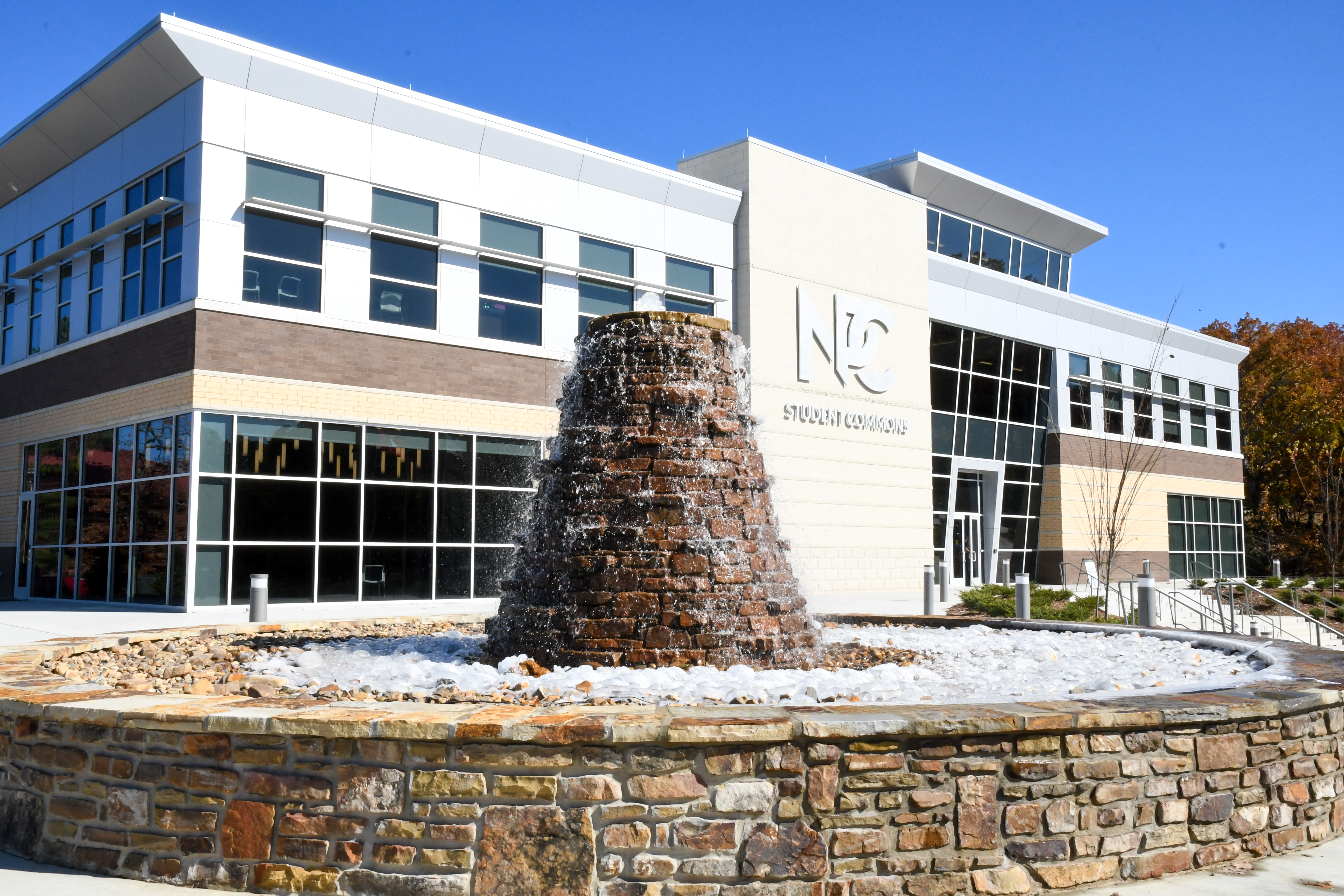 National Park College Student Commons fountain frozen in winter