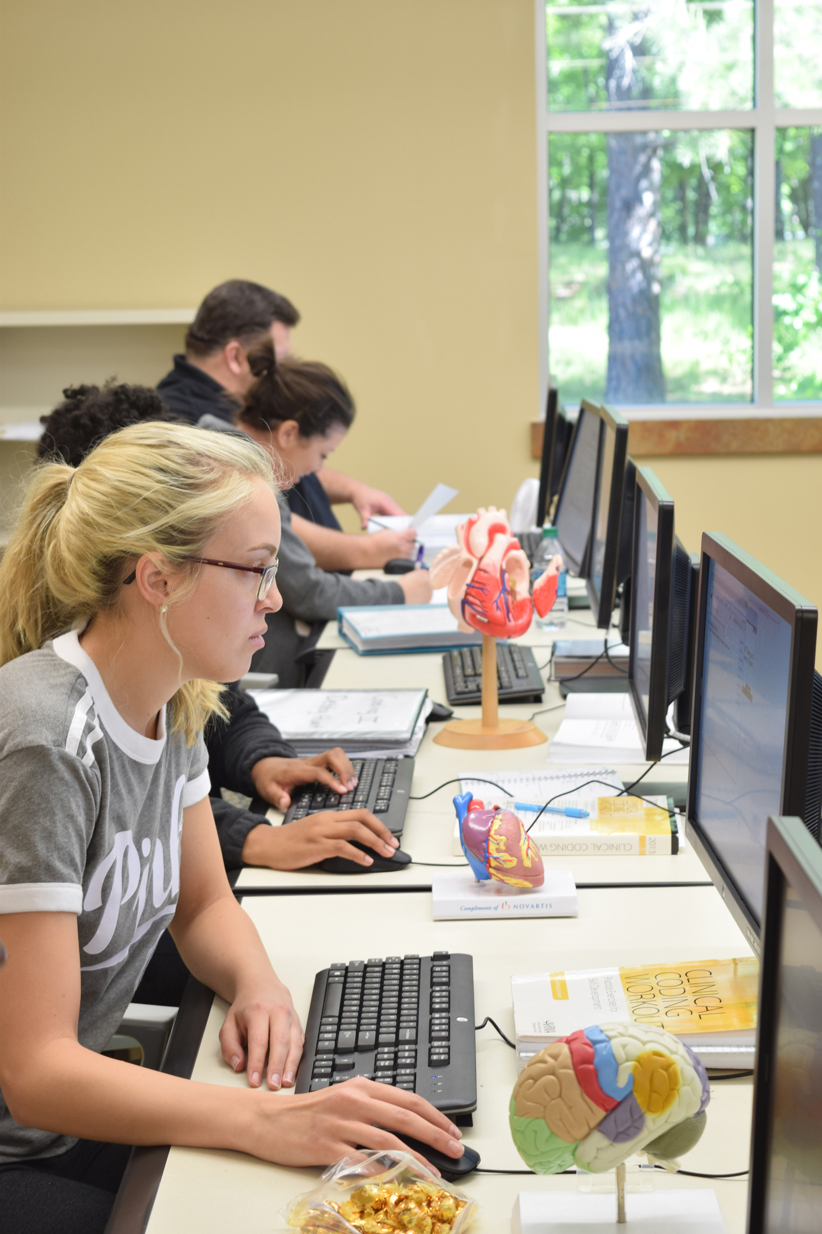 Students on computers researching information about the heart