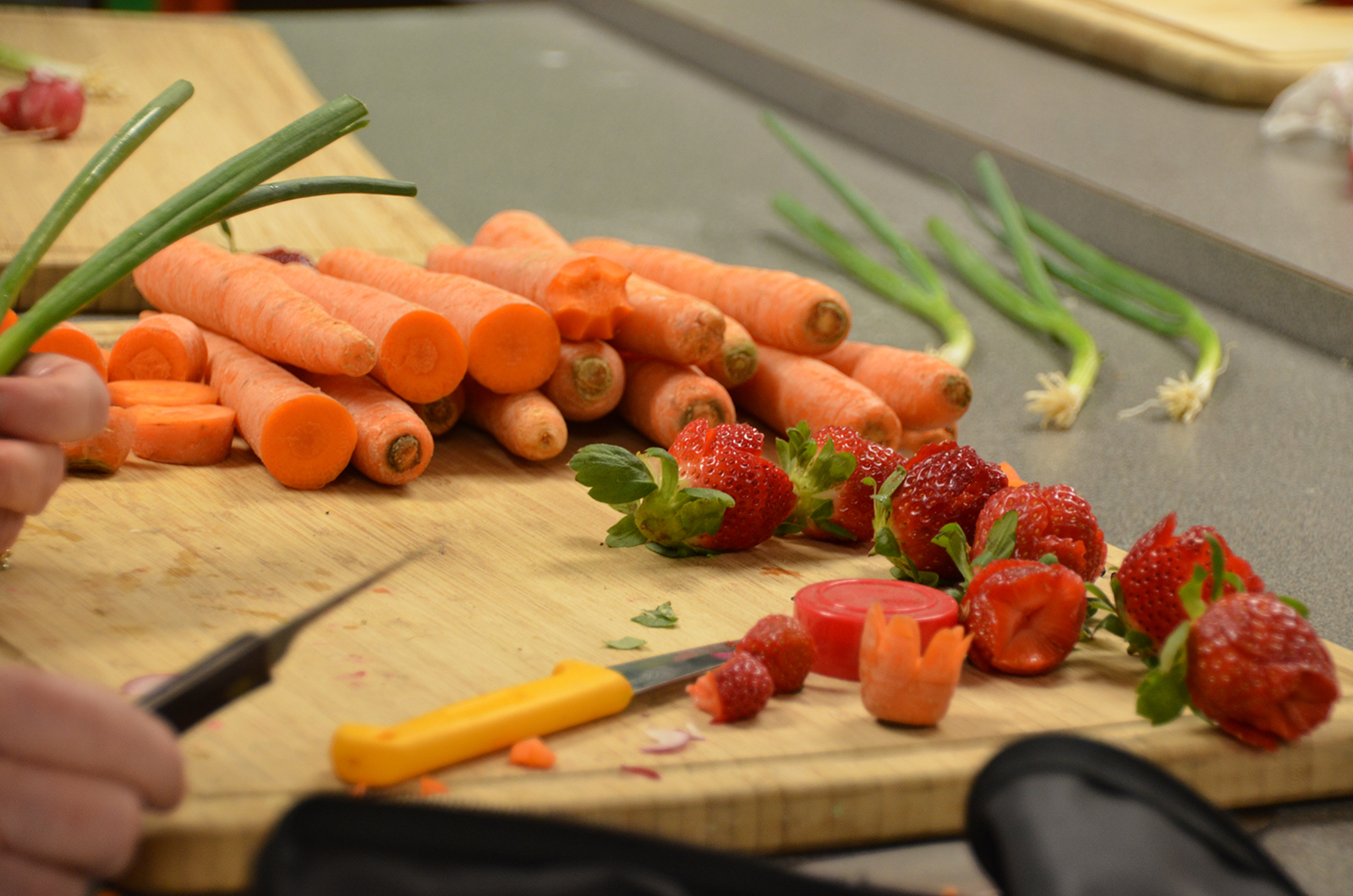 Vegetables and fruits on a cutting board