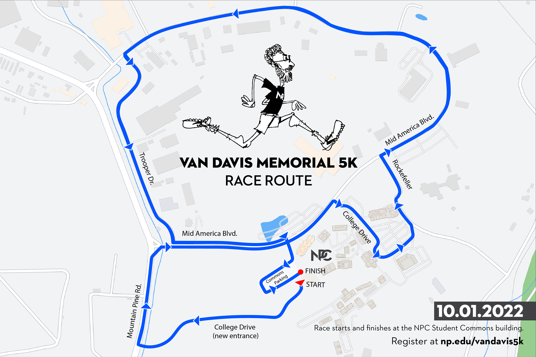 Van Davis race route beginning at NPC student commons, down the new entrance, taking a right on Mountain Pine Road, a right on Mid America Blvd, a right on College Drive, a left on Rockeffller, a right on Mid America Blvd following the loop around  which will turn into Trooper Dr, a left on Mid America Blvd, turn right at drive between student commons and Fisher Bldg and finish at the student commons.