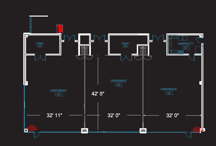 A technical floor plan of the Student Commons conference suite on a black background, detailing the dimensions of three interconnected rooms: Conference 122, 123, and 124. The plan includes specific measurements, such as a depth of 42 feet 5 inches and widths ranging from 32 feet to 32 feet 11 inches. It also identifies support areas like the hospitality suite and storage rooms.