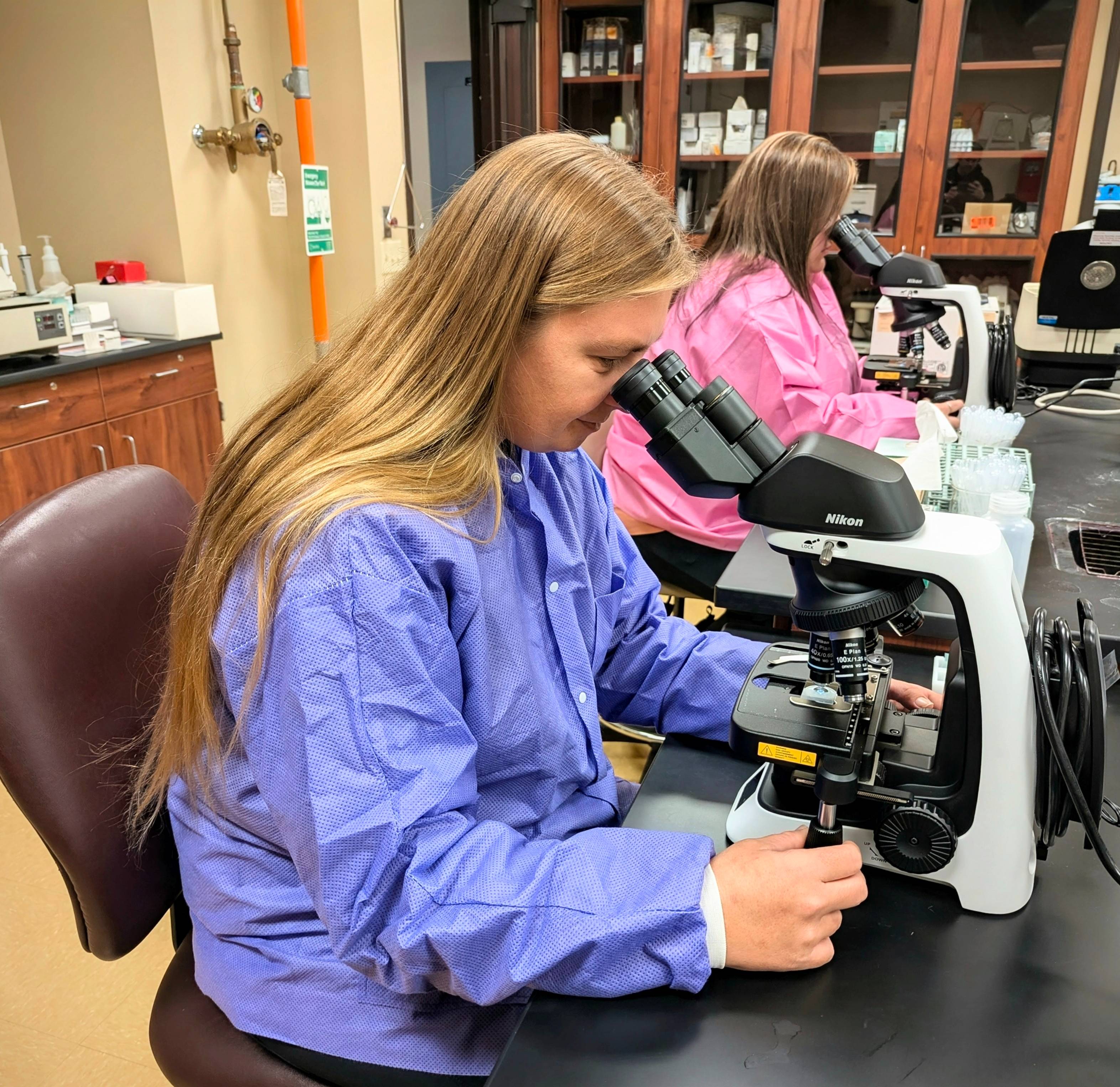 Students looking through microscopes in lab setting.