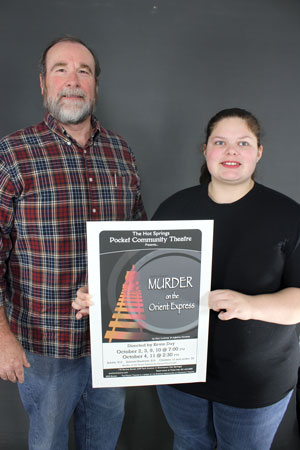 Lily Ann Dicus, student of NPTC and Cutter Morning Star selected as a winner for her poster for the production of Agatha Chritie's Murder on the Orient Express. Pictured with Kevin Day, director of Murder on the Orient Express, for the Pocket Community Theatre.