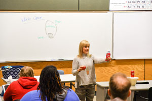 Laura Lockwood speaking to NPC students about healthy eating.