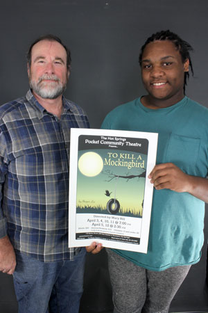 Charlie Lewis, student of NPTC and Hot Springs World Class High School selected as a winner for his poster for the production of To Kill A Mockingbird. Pictured with Kevin Day, director of Murder on the Orient Express, for the Pocket Community Theatre.