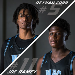 Headshots of Reyhan Cobb and Joe Ramey in their basketball jerseys. 