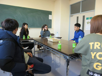 NPC student Abby Hanks talking with students from Fuji University