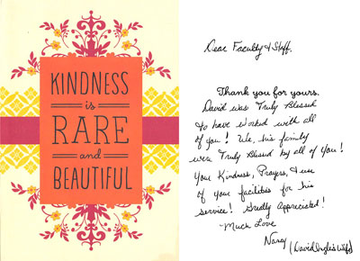Thank you card from Nancy Ingle. Full text of card in story.