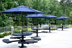 Picnic tables and umbrellas on the Donathan Pavilion