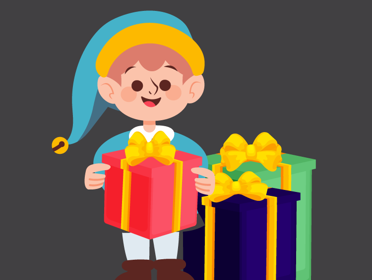 Elf holding a present with two presents next to him. 