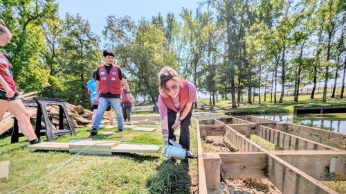 people building dock.