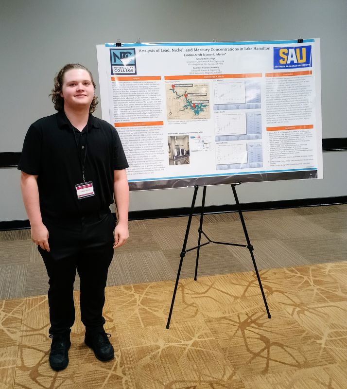 Person standing in front of poster board of information. 