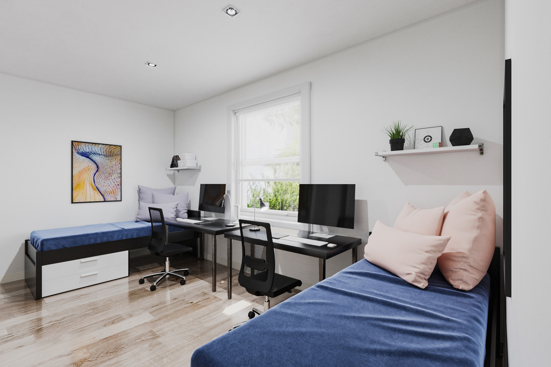 Shared bedroom layout of a with two beds and two computers