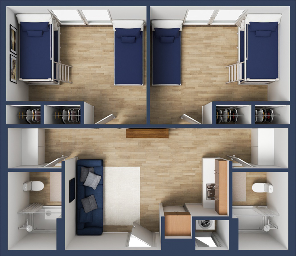 Two double bedroom two bathroom triple occupancy floor plan.