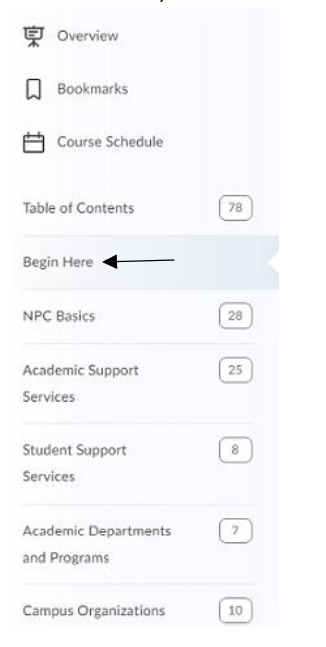 D2L module with pointer at Begin Here tab